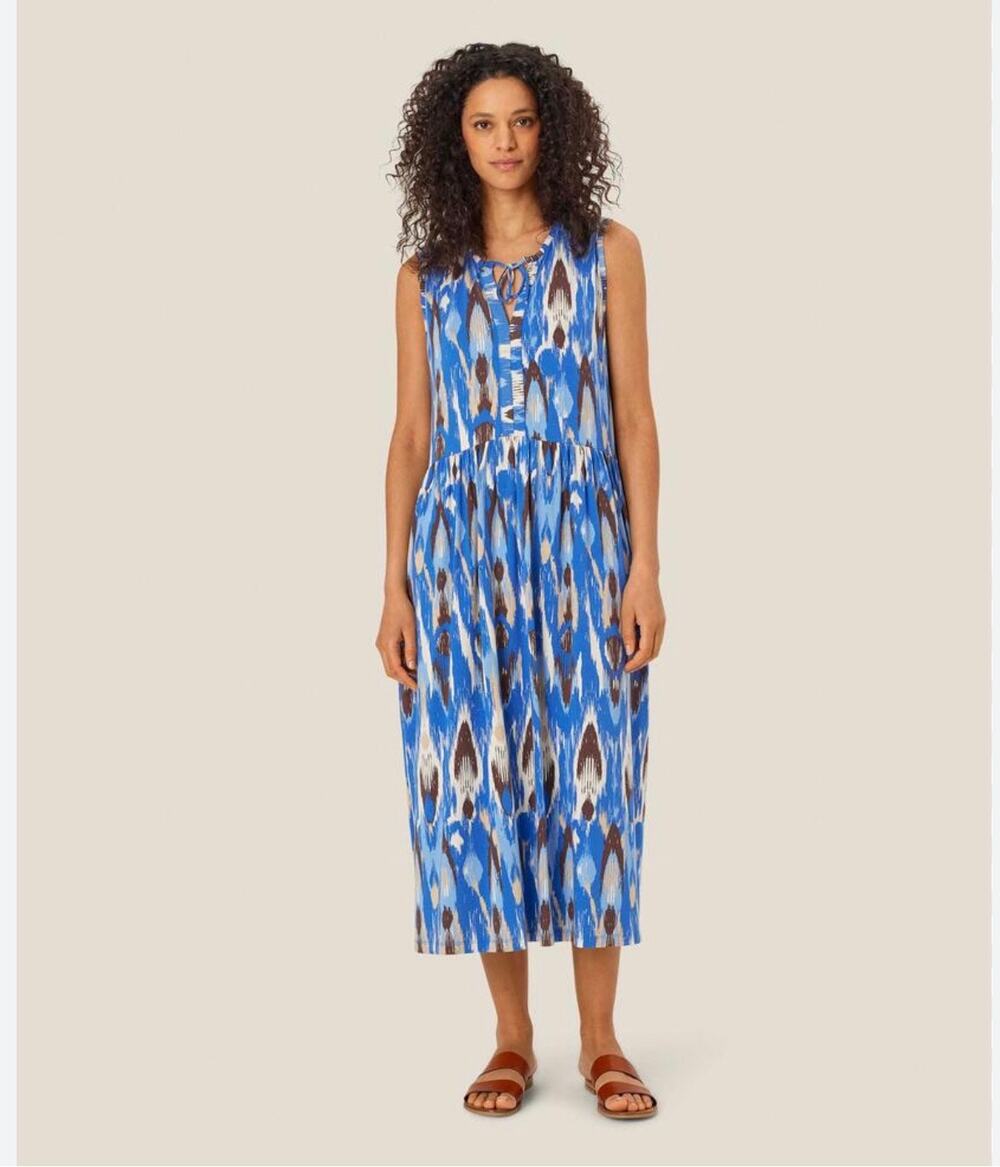 Masai Copenhagen Blue Brown Ikat Boho Sleeveless Scoop Neck Midi Shift Dress